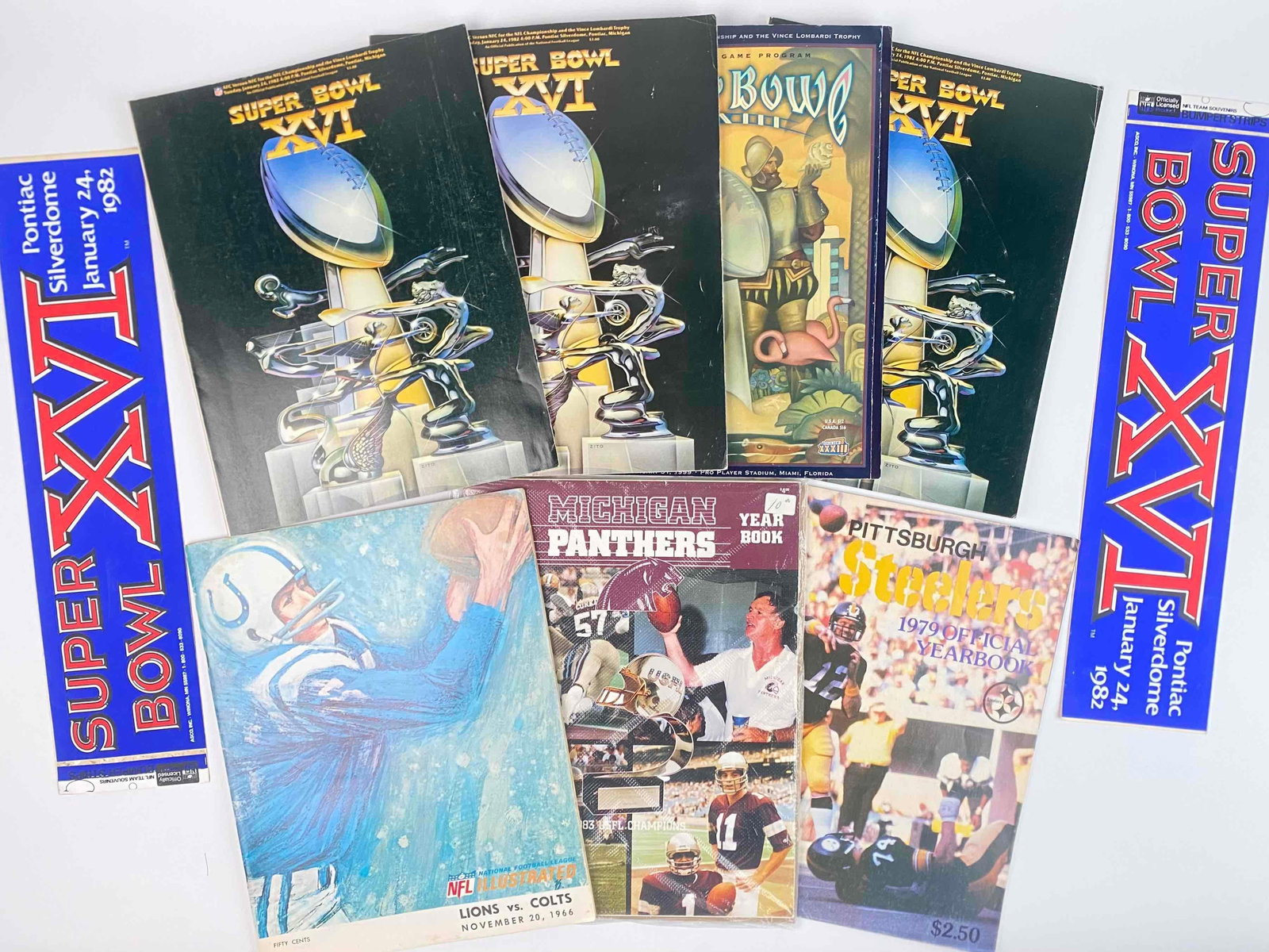 Collection of NFL Programs, Yearbooks, and Memorabilia (1960s to 1980s Ephemera): Collection of NFL programs, yearbooks, and memorabilia from the 1960s to 1980s. Includes 3 Super Bowl XVI Programs from 1982. Held at the Pontiac Silverdome on January 24, 1982. This game featured the