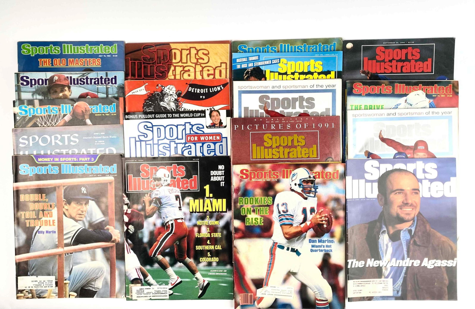 Collection of 60 Sports Illustrated Magazines (1960s-2000s): Collection of 60 Sports Illustrated magazines spanning from the 1960s to 2000s. Includes athlete covers such as Michael Jordan 1991, Muhammad Ali 1974, Sparky Lyle, Mary Decker Tabb and more. Magazine