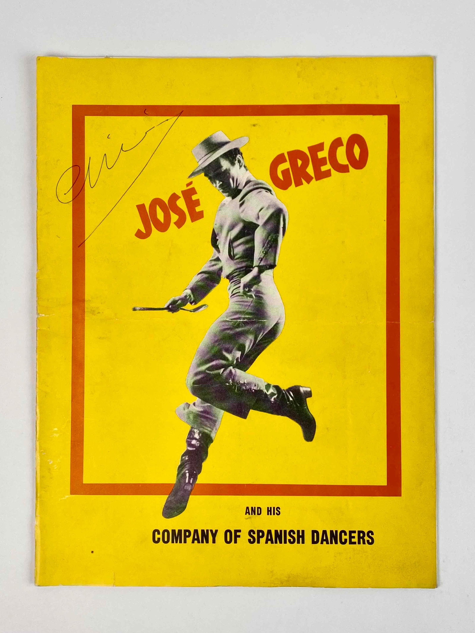 Signed Vintage Jose Greco and His Company of Dancers Booklet: A vintage booklet for "Jose Greco and His Company of Dancers." There is a signature present on upper left corner of cover, and below a photo on the third page. Item is in good condition with signs of 