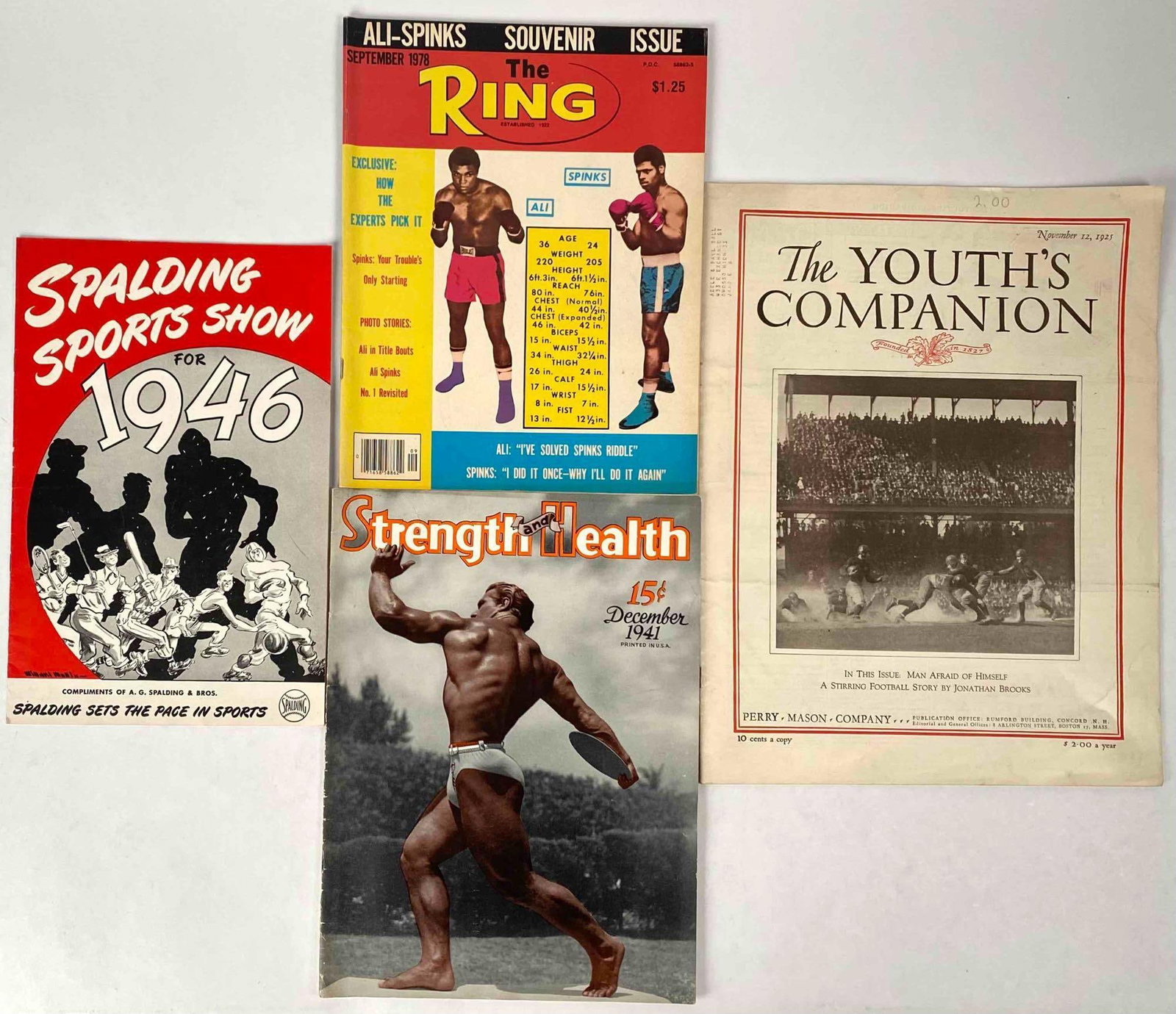 Strength & Health, The Ring (Muhammad Ali), The Youth's Companion, Spalding Sports Show Magazines: Four Vintage Sports Magazines - Strength & Health, The Ring (featuring Muhammad Ali), The Youth's Companion, and Spalding Sports Show. 1925 - 1978. Lot is in good to excellent condition. Please see ph