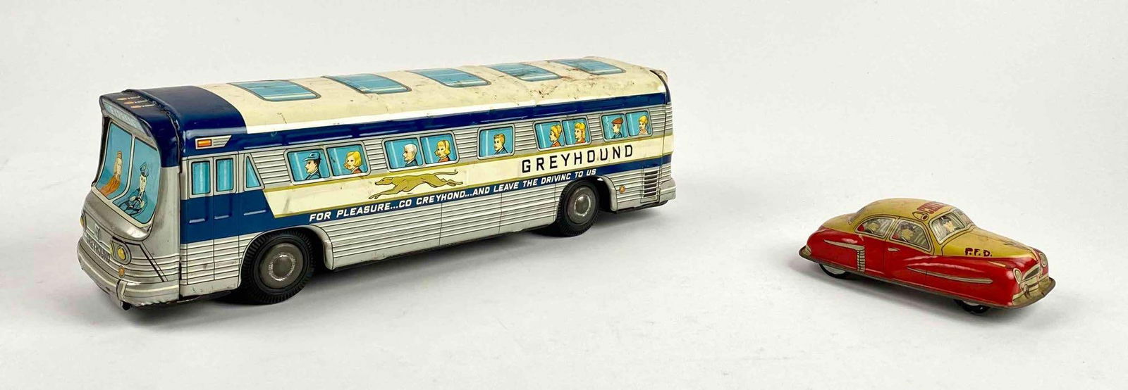 Tin Greyhound Toy Bus and Tin Fire Chief Toy Car (Japan, 1950s) (1 of 13)