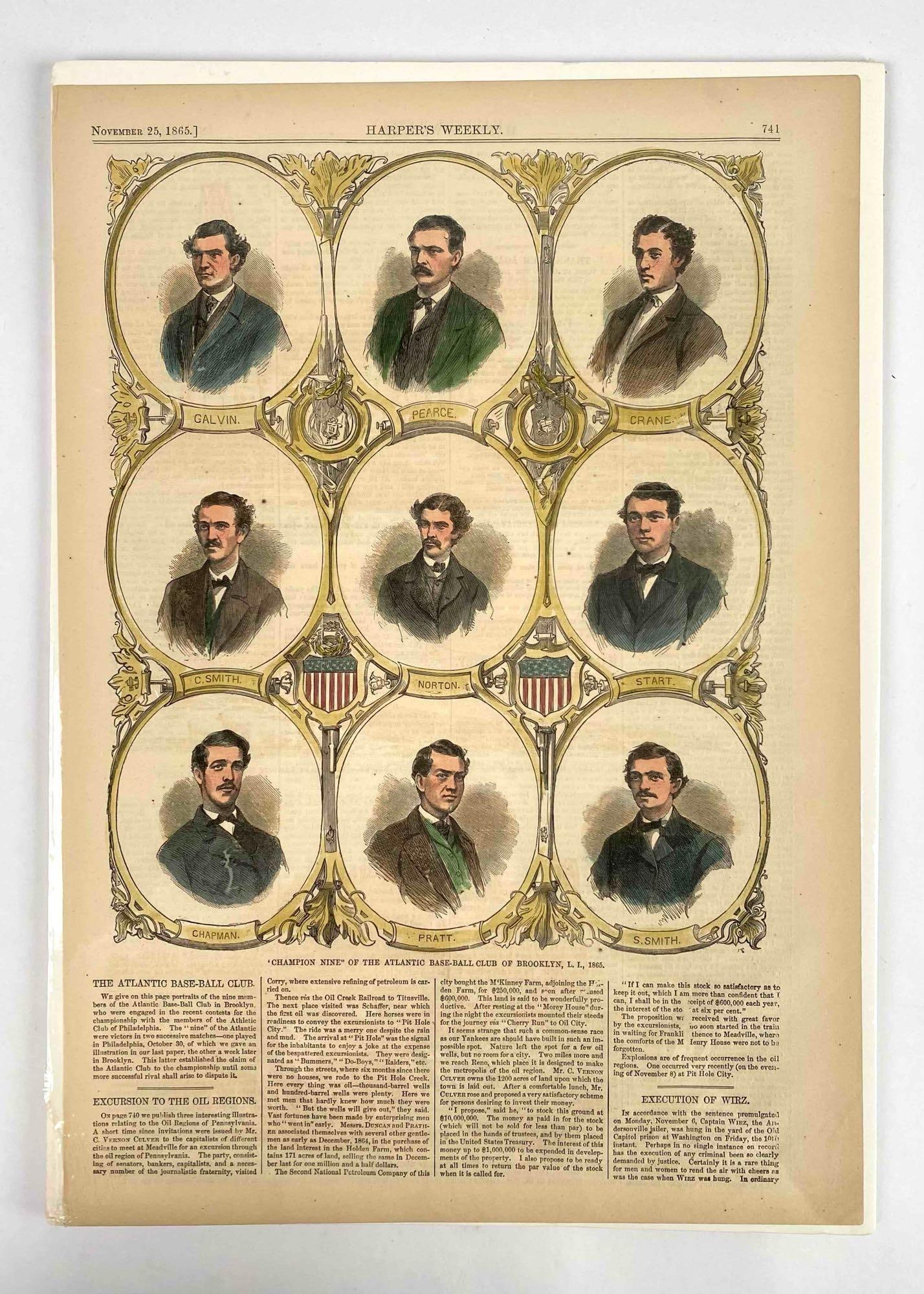 Harper's Weekly Original Wood Engraving "Champion Nine" (Atlantic Base-Ball Club, 1865) (1 of 8)