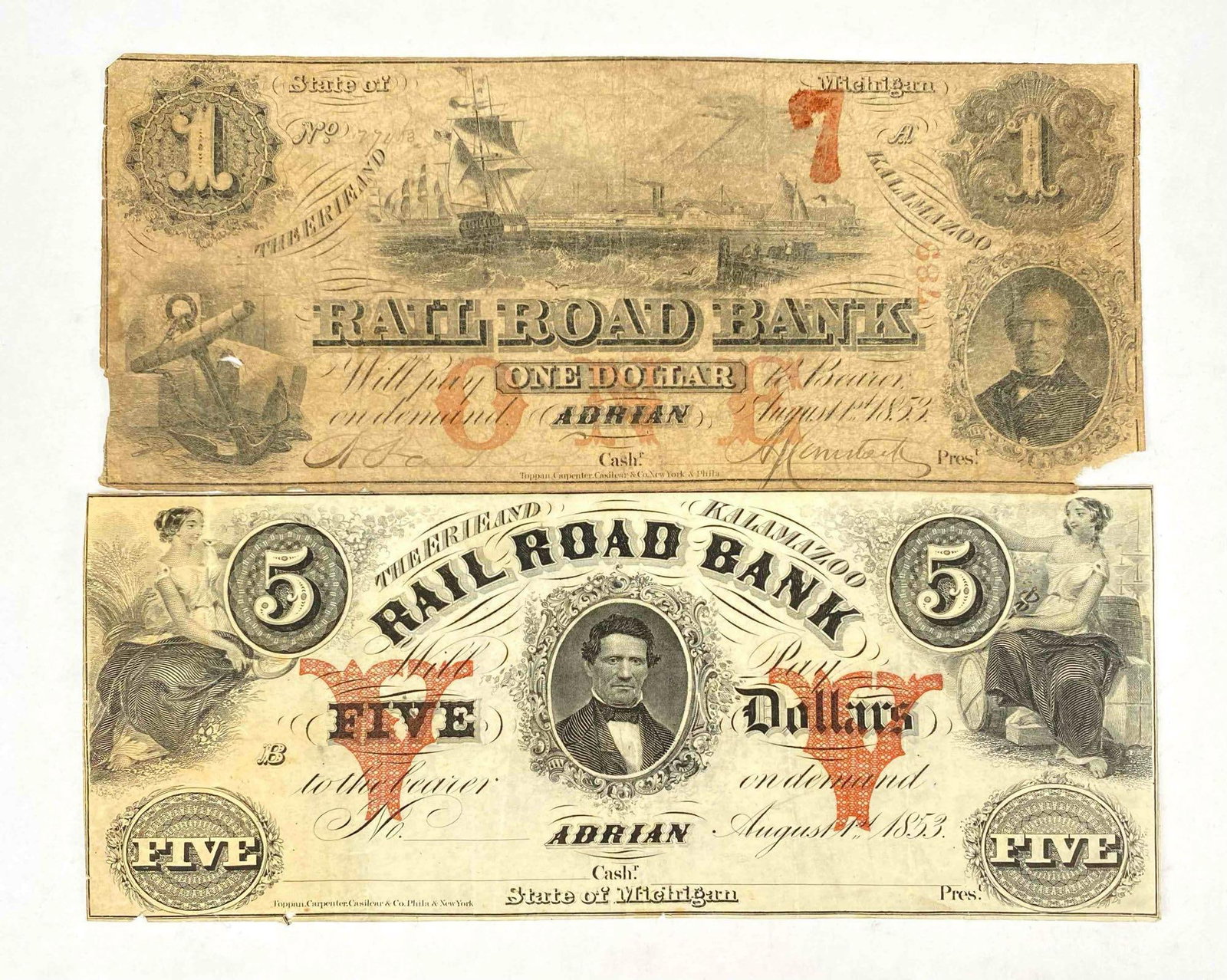 Rail Road Bank Banknotes, One Dollar and Five Dollar, Adrian Michigan, Nineteenth Century (1 of 10)