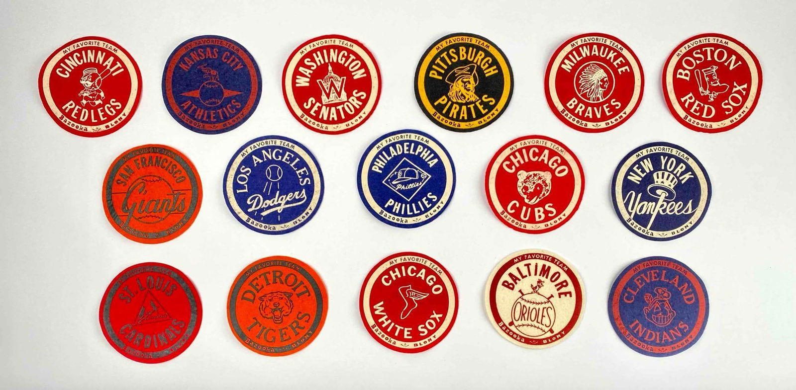 Complete set of 16 Bazooka "My Favorite Team" Felt Baseball Patches, ca 1950s (1 of 10)