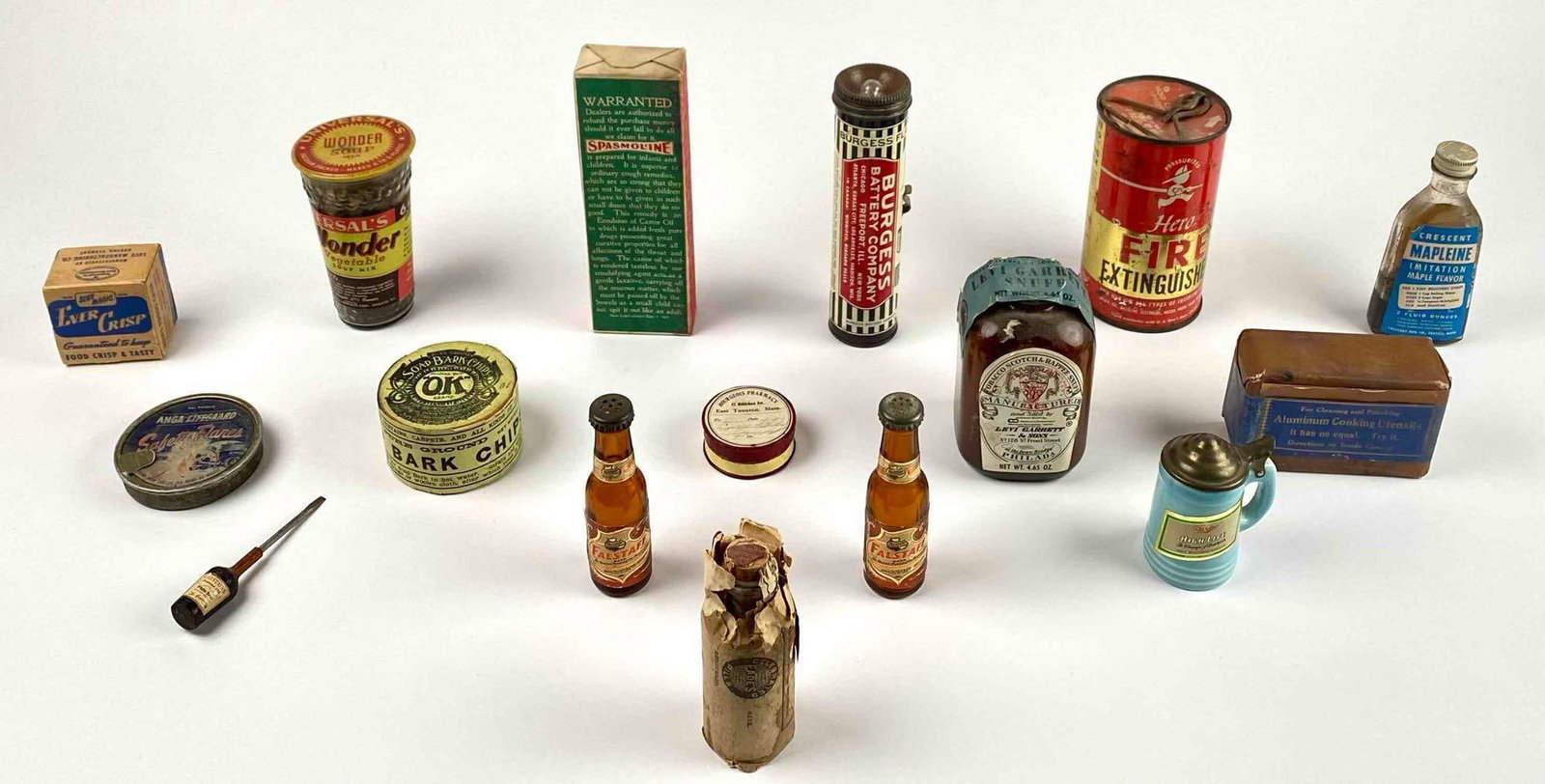 16 Antique Household Products (Early to Mid 20th Century): Lot of 16 Vintage Useful Ephemera from early to mid 20th century, including: Medicine, Soup Mix, Soap, Fire Extinguisher, Flashlight, and more. Most items are still sealed. Please see photos for addit