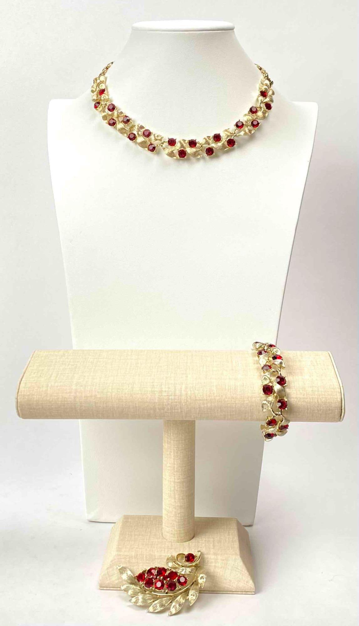 Lisner Red Rhinestone and Gold-tone Leaf Jewelry Set - Brooch, Bracelet, Necklace (1 of 11)