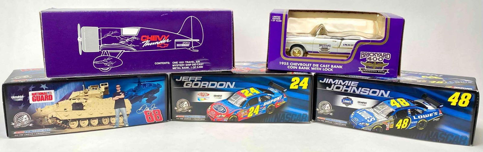 Chevy Coin Bank Brickyard 400, Three 2008 Impala Models, Chevy Thunder 1931 Travel Air Mystery Ship: Chevy Coin Bank Brickyard 400, Three 2008 Impalas, Chevy Thunder 1931 Travel Air Mystery Ship Models in their original boxes. Lot is in good to excellent condition. Please see photos for additional de