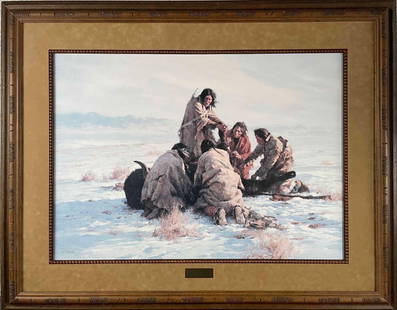 Howard Terpning "The Last Buffalo": Limited edition print by Howard Terpning entitled, "The Last Buffalo." Print is encased in a frame with a brass plaque placed on matting. Plaque reads "The Last Buffalo 458/1000 Howard Terpning." A ca