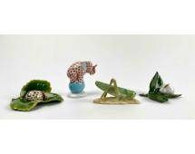 Lot of 4 Herend Hungary Hand Painted Porcelain Animal Figurines: 4 Herend Hungary hand painted animal figurines. Porcelain animals include elephant on ball, grasshopper, ladybug on leaf, and rabbit on leaf. All figured are hallmarked on the underside of the figurin