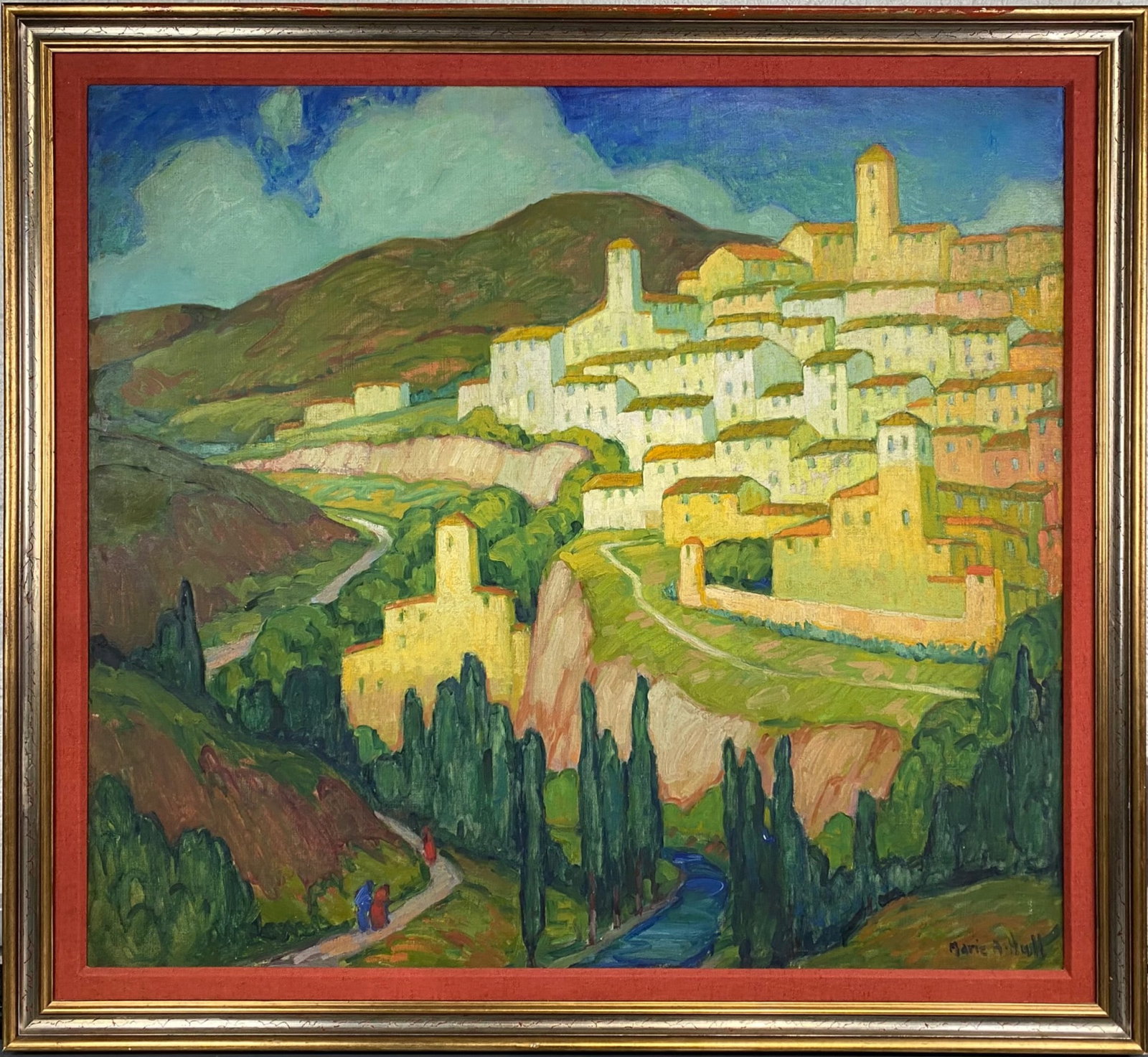 "Vieux Carré" Marie Atkinson Hull Oil on Canvas (1929): Oil on canvas painting by American artist Marie Atkinson Hull (1890-1980), titled "Vieux Carré". dated 1929. This vibrant landscape features a depiction of a historic town with scenic hills and green