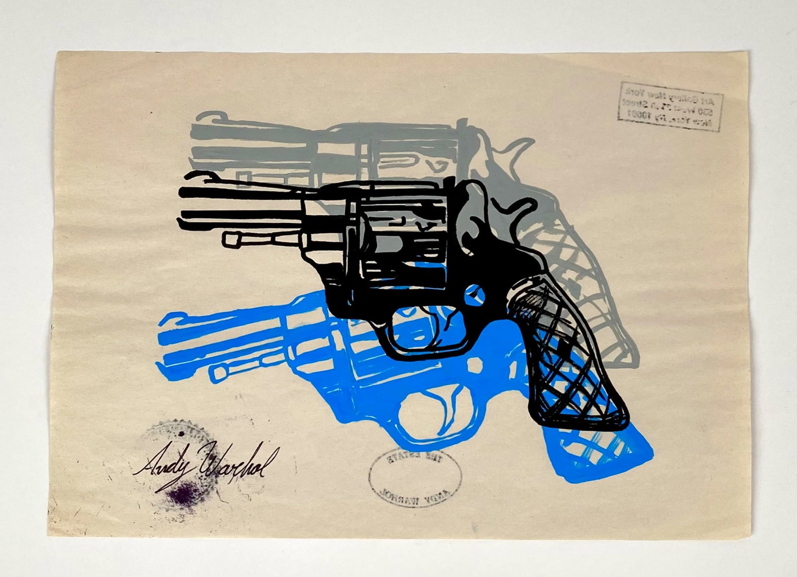 Gun Illustration In Style Of Andy Warhol: Silkscreen artwork depicting a revolver in black, blue, and gray tones, attributed to Andy Warhol. Facsimile signature â€œAndy Warholâ€. Condition is good showing sign