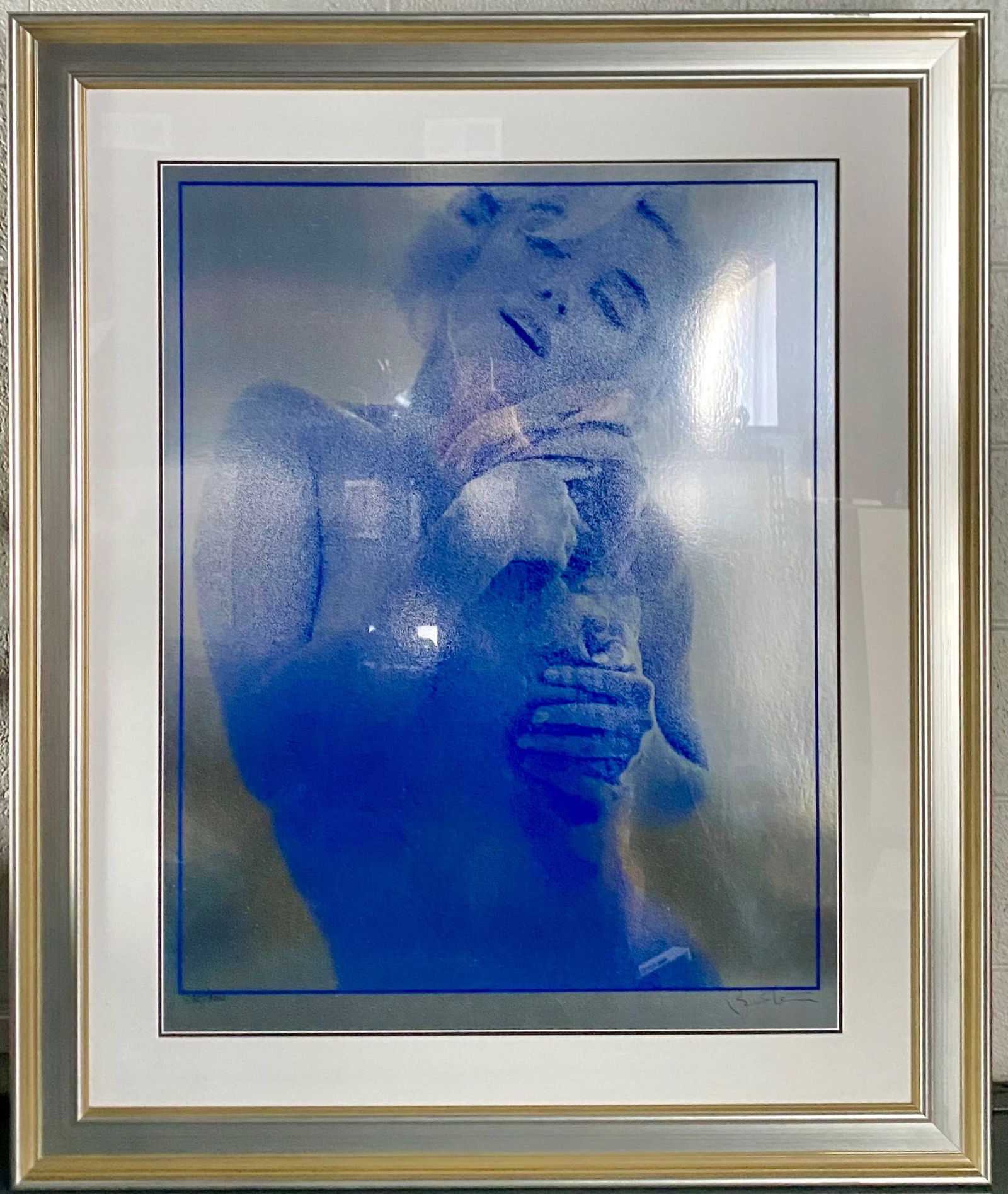 Bert Stern Silver Litho Marilyn Monroe Roses Body Shot, 40×48: Limited edition silver lithograph by Bert Stern, titled ‘Marilyn Monroe Roses’ featuring a body shot of Marilyn Monroe rendered in striking blue tones. A complex abstract pattern creates the image