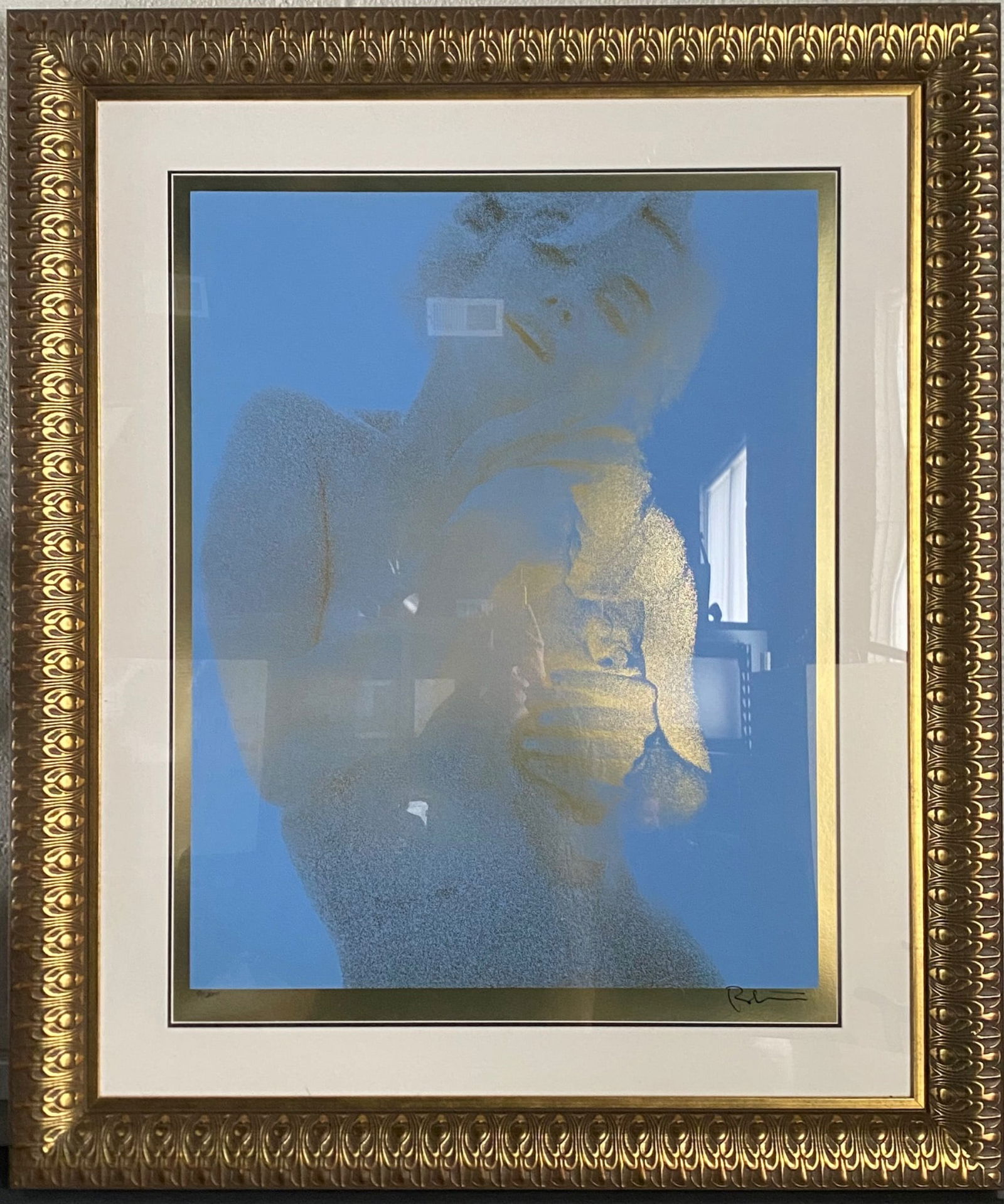 Bert Stern Silver Litho Marilyn Monroe Roses Body Shot, 40×48: Limited edition silver lithograph by Bert Stern, titled ‘Marilyn Monroe Roses’ featuring a body shot of Marilyn Monroe rendered in striking blue tones. A complex abstract pattern creates the image