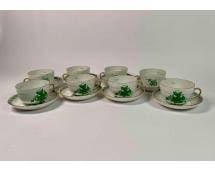 Set of Eight Herend Chinese Bouquet Tea Cups & Saucers: Set of eight Herend Chinese Bouquet porcelain tea cups and saucers. Each set is adorned with a green Chinese bouquet design, featuring a large bouquet of flowers on the front of the cups, a smaller bo