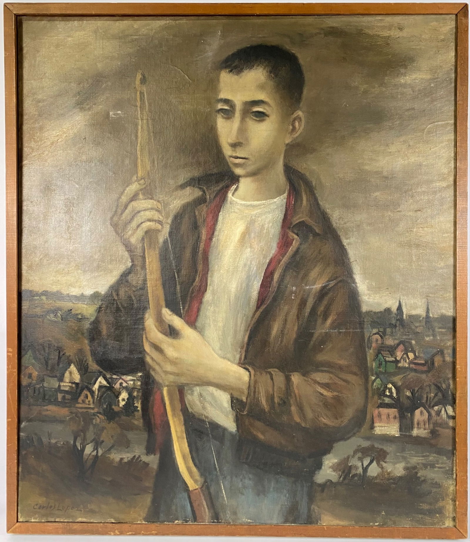 ‘Boy With Bow’, Signed Oil Painting by Carlos Lopez: An original oil painting titled ‘Boy With Bow” signed by artist Carlos Lopez. Featuring a young man in a jacket holding a bow against a backdrop of a dark village scene. Signed by artist in th