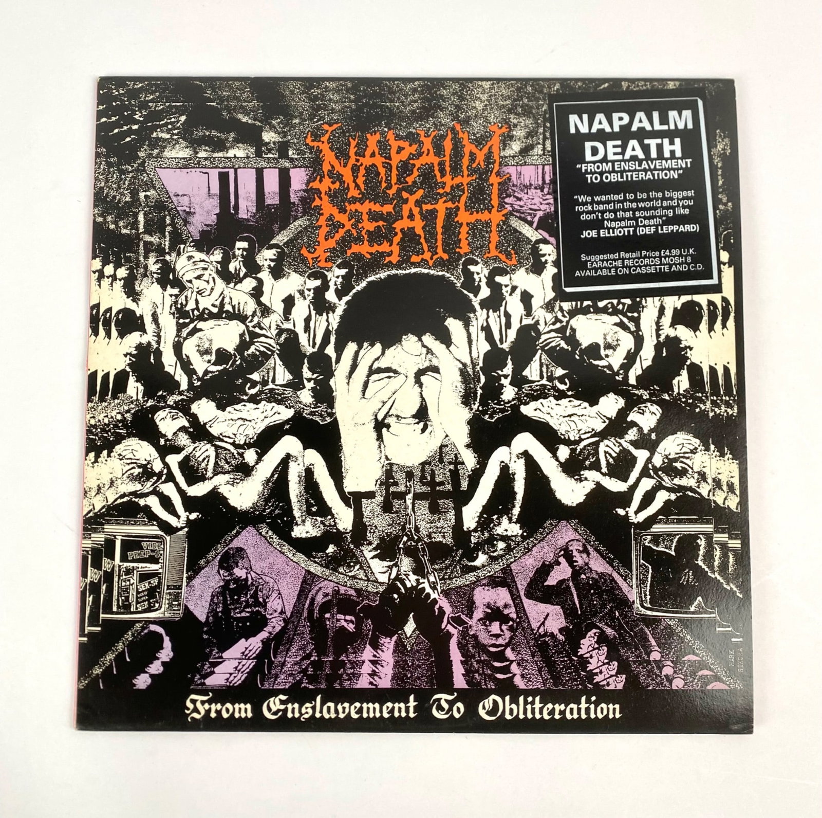 Napalm Death ‘From Enslavement to Obliteration’ Vinyl LP, MOSH 8: Original vinyl LP of Napalm Death’s ‘From Enslavement to Obliteration,’ produced under Earache Records, catalog number MOSH 8. Distributed by Revolver and The Cartel, manufactured in England. Al