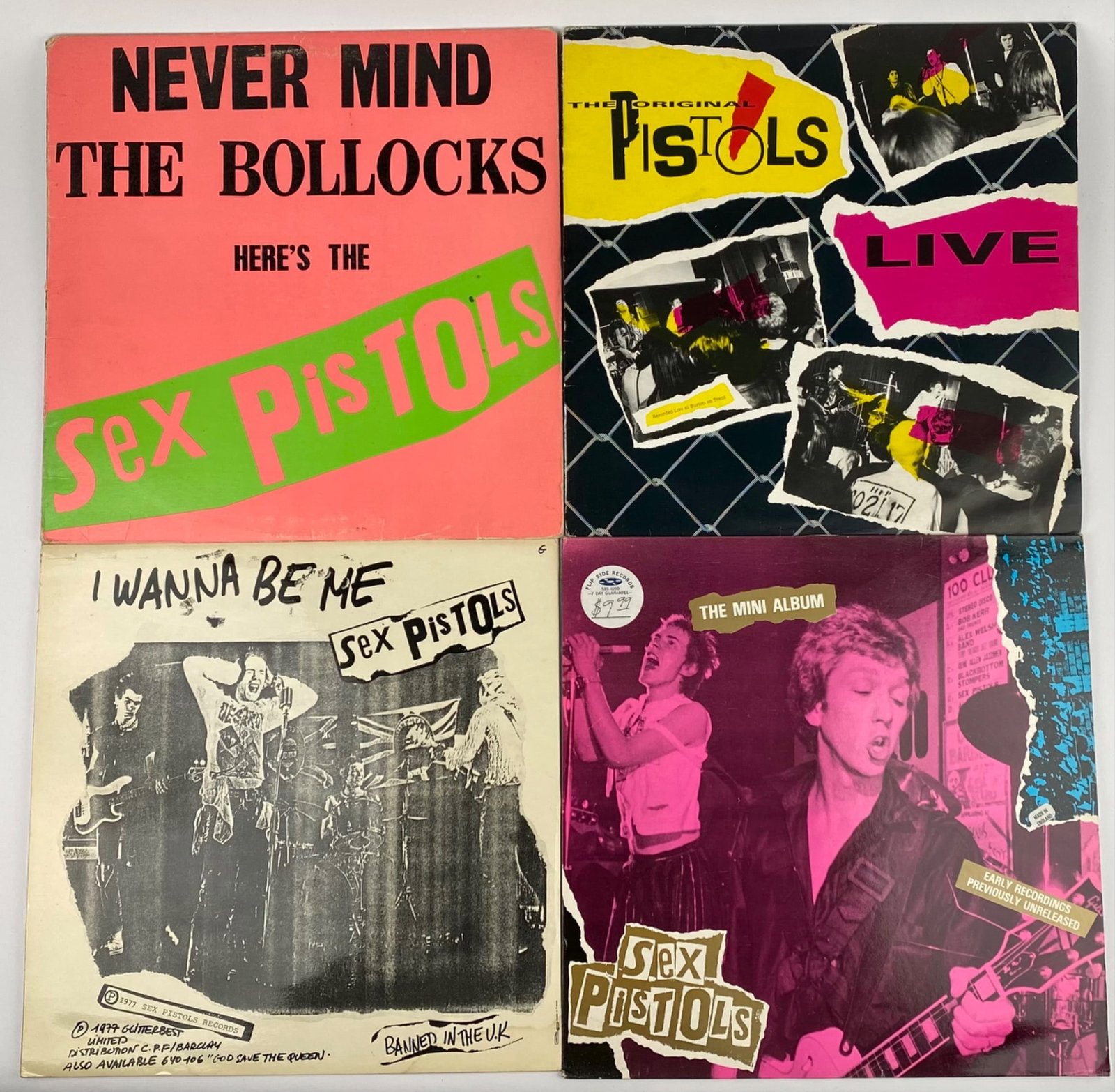 Collection of Four Sex Pistols Vinyl Records Featuring ‘Never Mind the Bollocks’: Collection includes four vinyl records by the Sex Pistols: ‘Never Mind the Bollocks’ (front cover with pink and green design, tracklist on back), ‘The Original Pistols Live’ (includes track de