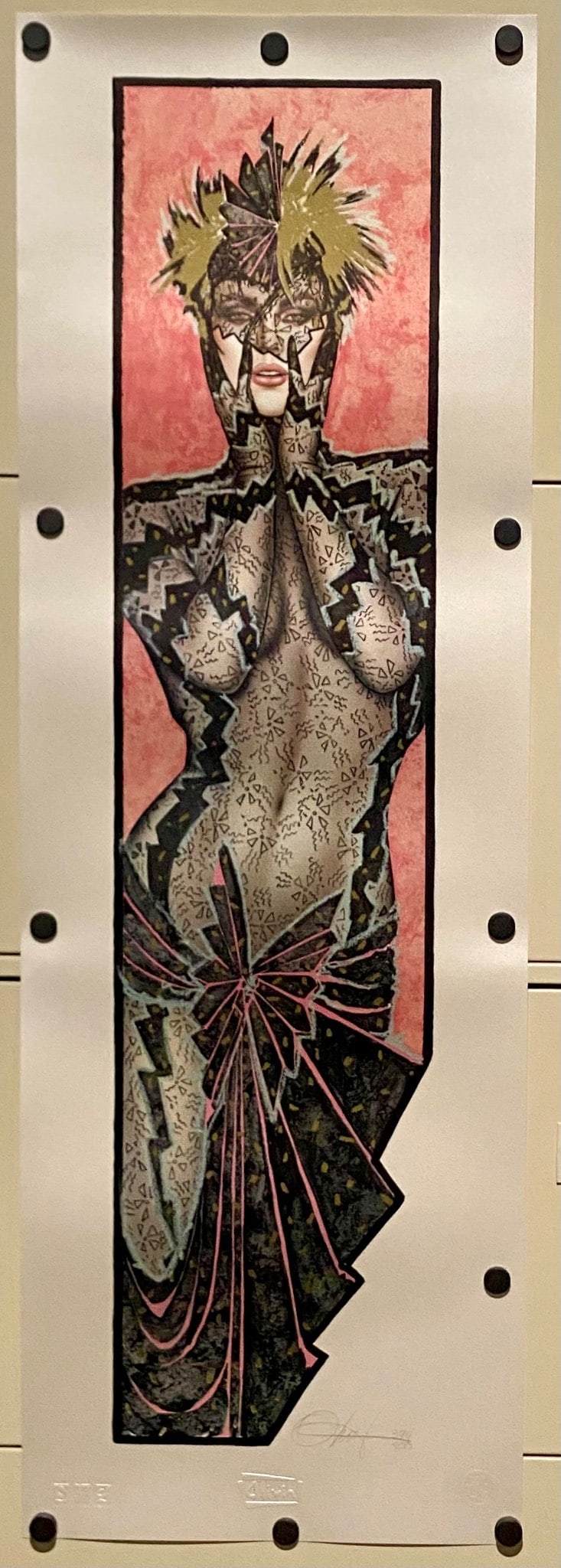 ‘Friday Night’ Limited Edition Print Signed by Olivia De Berardinis, Number 394/500: A limited edition art print signed and numbered by the artist, Olivia De Berardinis, as 394/500. Entitled ‘Friday Night’ depicting model Lillian Muller. The piece, depicting a stylized figure in e