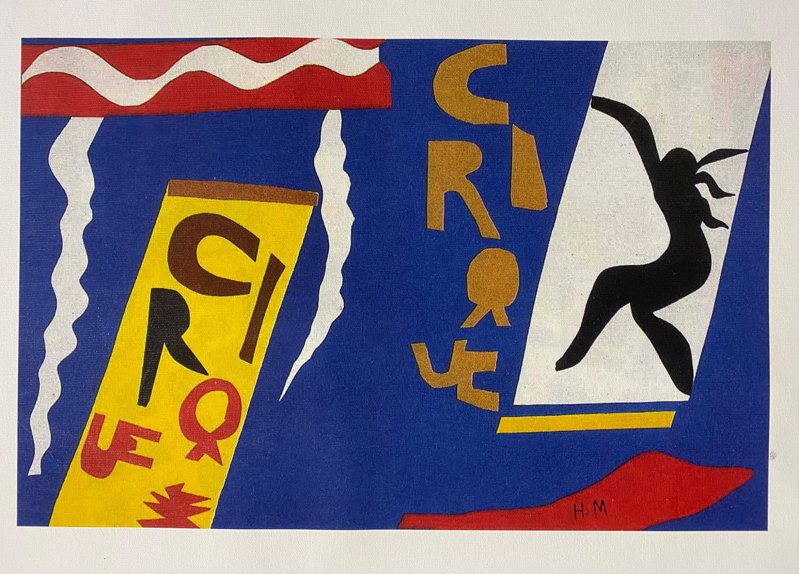 Henri Matisse Canvas Print from Jazz Portfolio ‘Le Cirque / the Circus’: Henri Matisse print on canvas from Jazz Portfolio ” Le Cirque / the Circus ” 1947. Print includes printed HM signature on bottom right hand of image. Features primary color shapes and lett