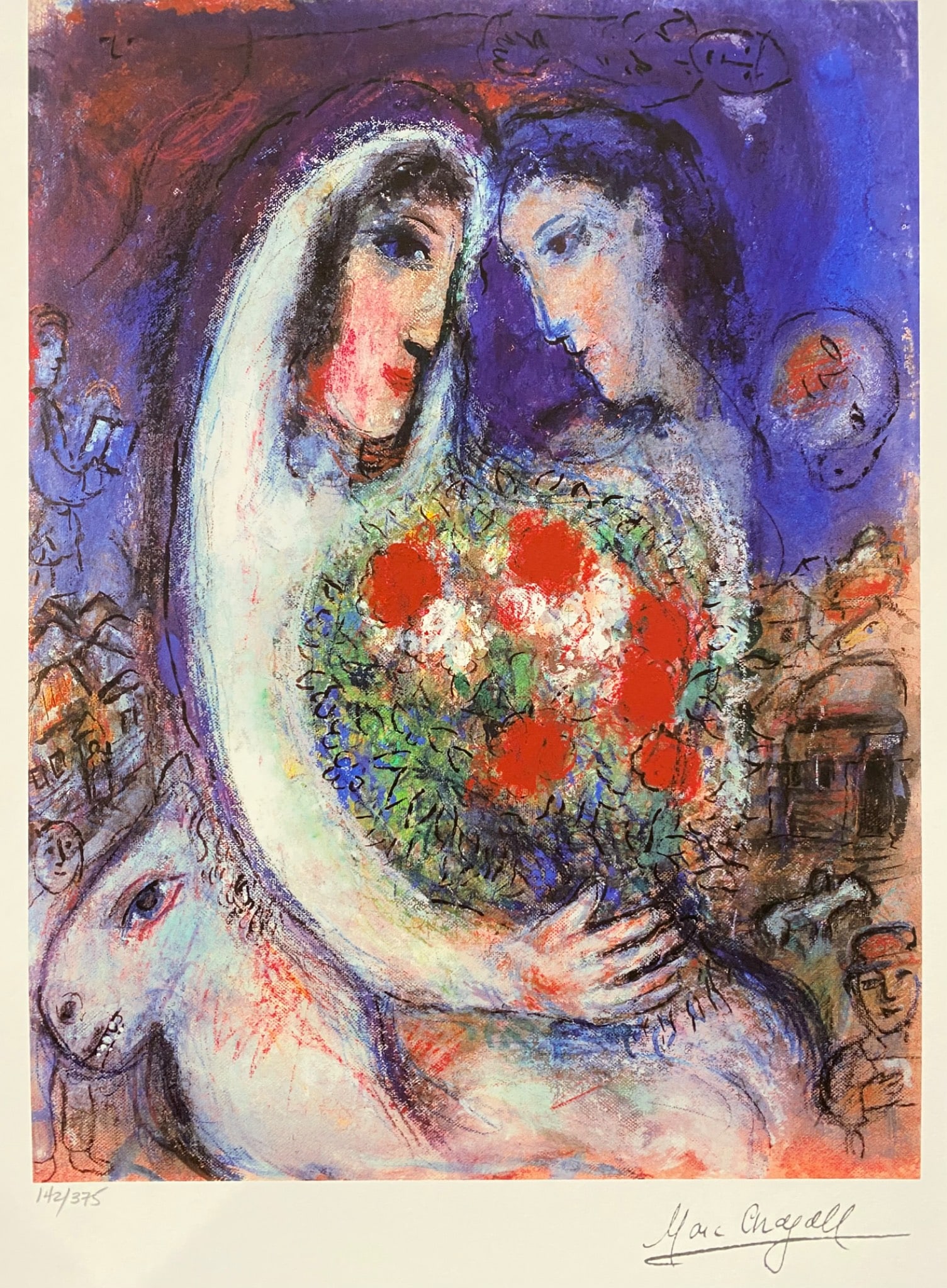 Marc Chagall Print Titled ‘The Marriage’, Numbered 142/375: Marc Chagall Print ‘Th Marriage’ (including printed signature) featuring vivid imagery of two figures with a bouquet and symbolic elements in the background, representative of Chagall’s distinct