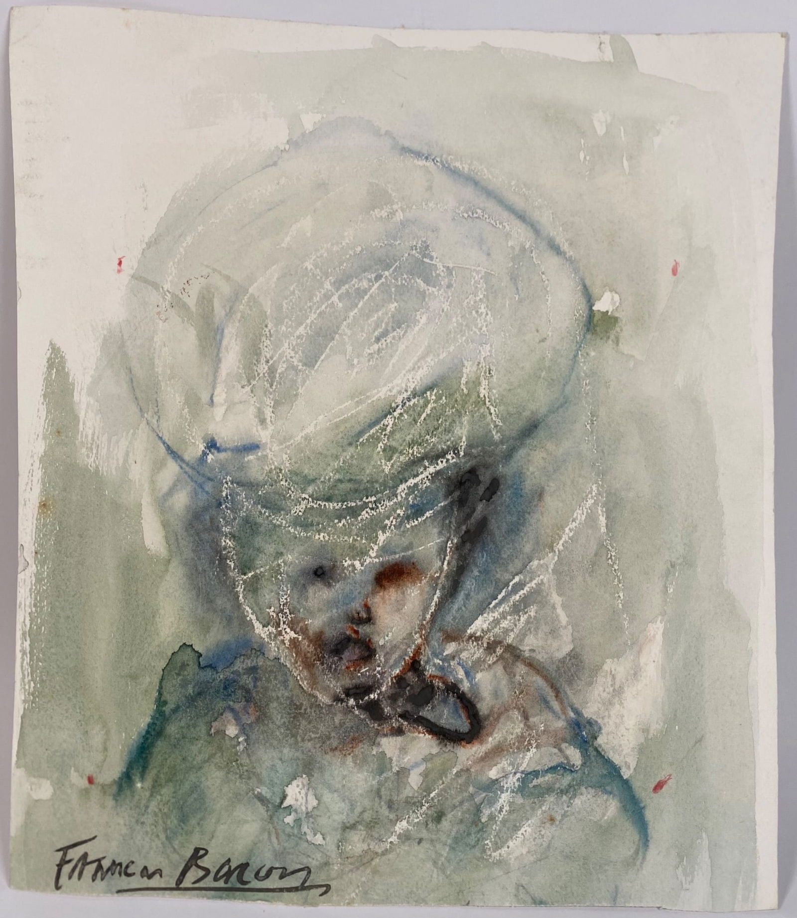 Watercolor Artwork Unframed After Francis Bacon: Unframed artwork in the style of Francis Bacon (1909-1992), featuring abstract watercolor-style painting on paper. Front depicts abstract portrait elements with pale green, white, and earth tones. Not
