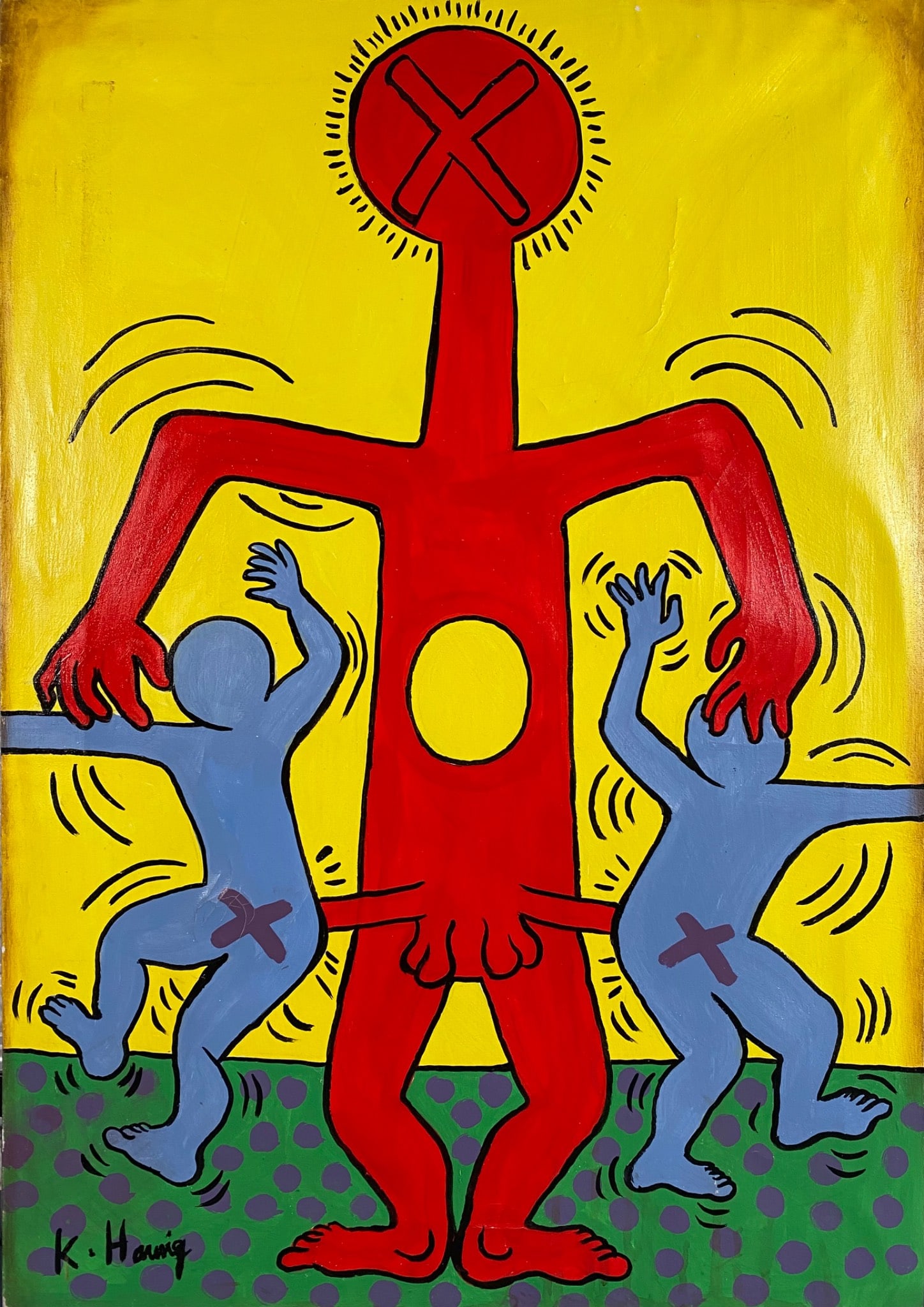 Painting Styled After Keith Haring With Gallery Markings: A painting styled after Keith Haring, featuring bold, colorful figures and his recognizable visual elements. It has a facsimile signature on the bottom left. Acrylic on canvas with gallery markings on