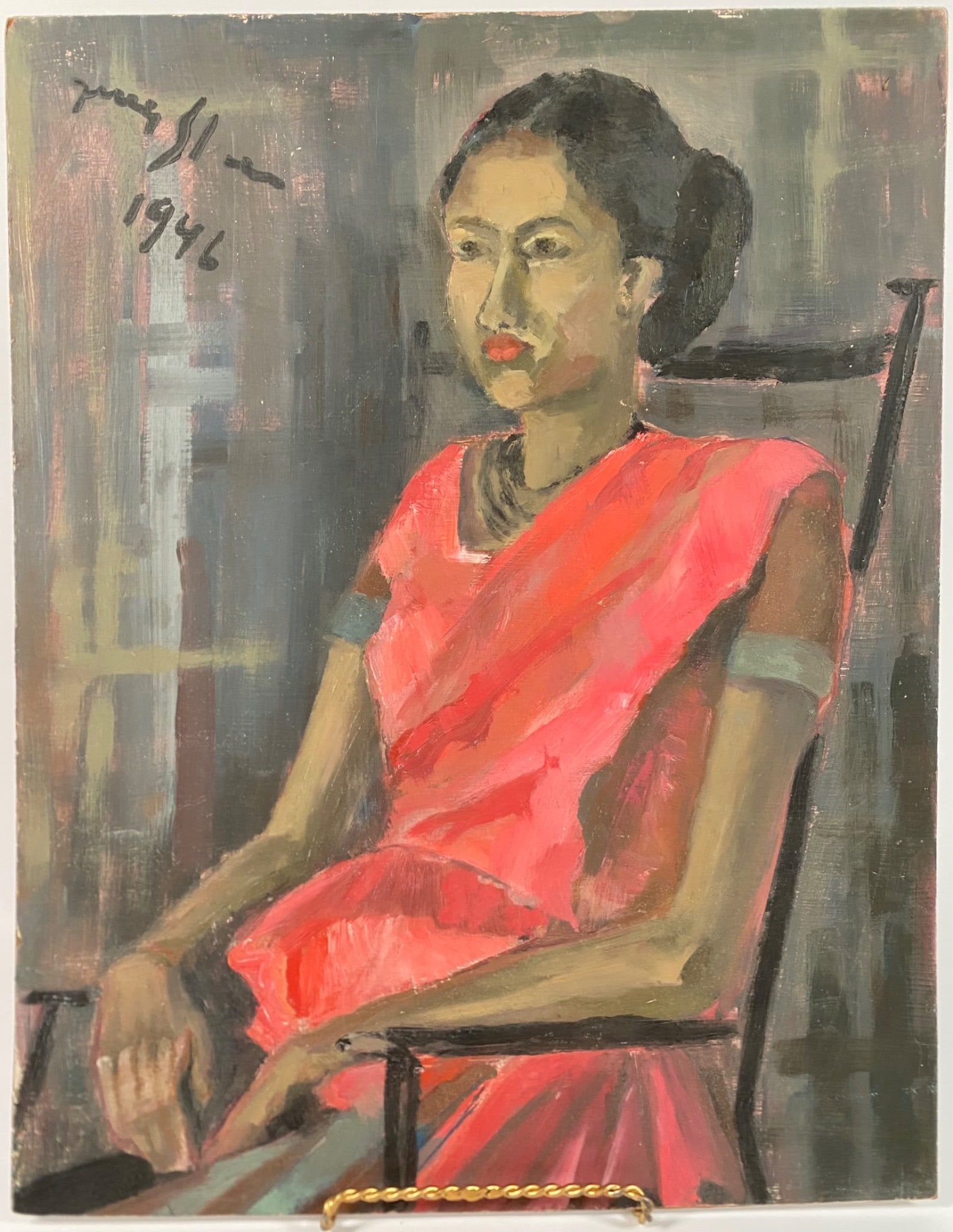 Oil Portrait Signed and Dated 1946 In the Style of Irma Stern: Oil painting on canvas featuring a seated woman in vibrant red dress, facsimile signature of “Irma Stern” and dated 1946. The back of the piece includes a label identifying the artist with her