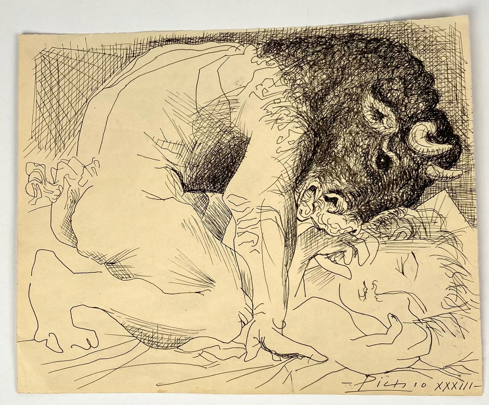 Pen Drawing in the Style of Pablo Picasso: Pen drawing in the style of Pablo Picasso featuring a mythological scene with a minotaur and a reclining figure. Created on cream-colored paper, the piece displays fine cross-hatching and linework typ