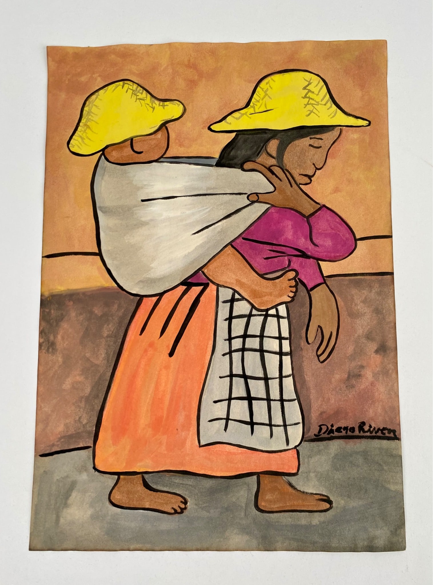 Watercolor Painting in the style of Diego Rivera, Mother and Child, Banco de Mexico Stamp: Watercolor painting in the style of Diego Rivera depicting a mother carrying a child on her back. Both figures wear yellow hats, with the mother dressed in colorful traditional clothing. Signed â