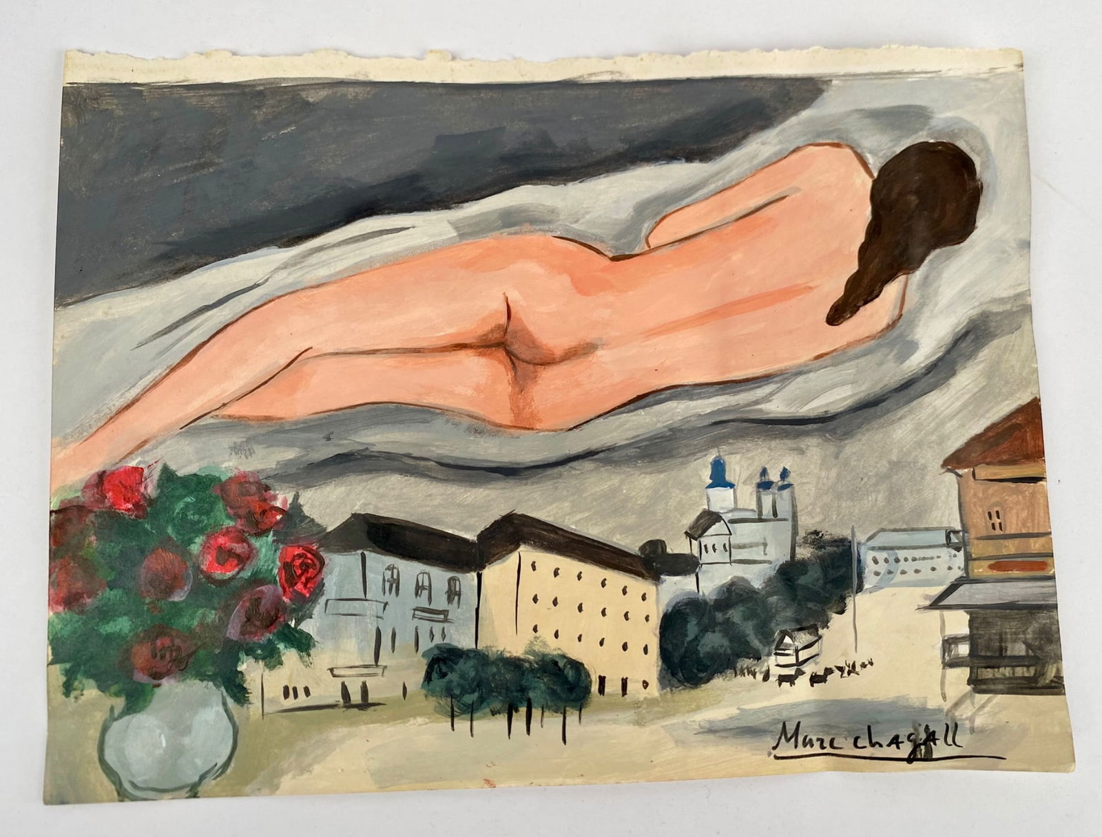 Marc Chagall-Styled Gouache Painting Titled ‘La Barque De Jonas’, 17/500: A gouache painting titles ‘La Barque De Jonas’, edition 17/500 in the style of Marc Chagall with his facsimile signature in the lower right corner. The composition depicts a reclining nude figure