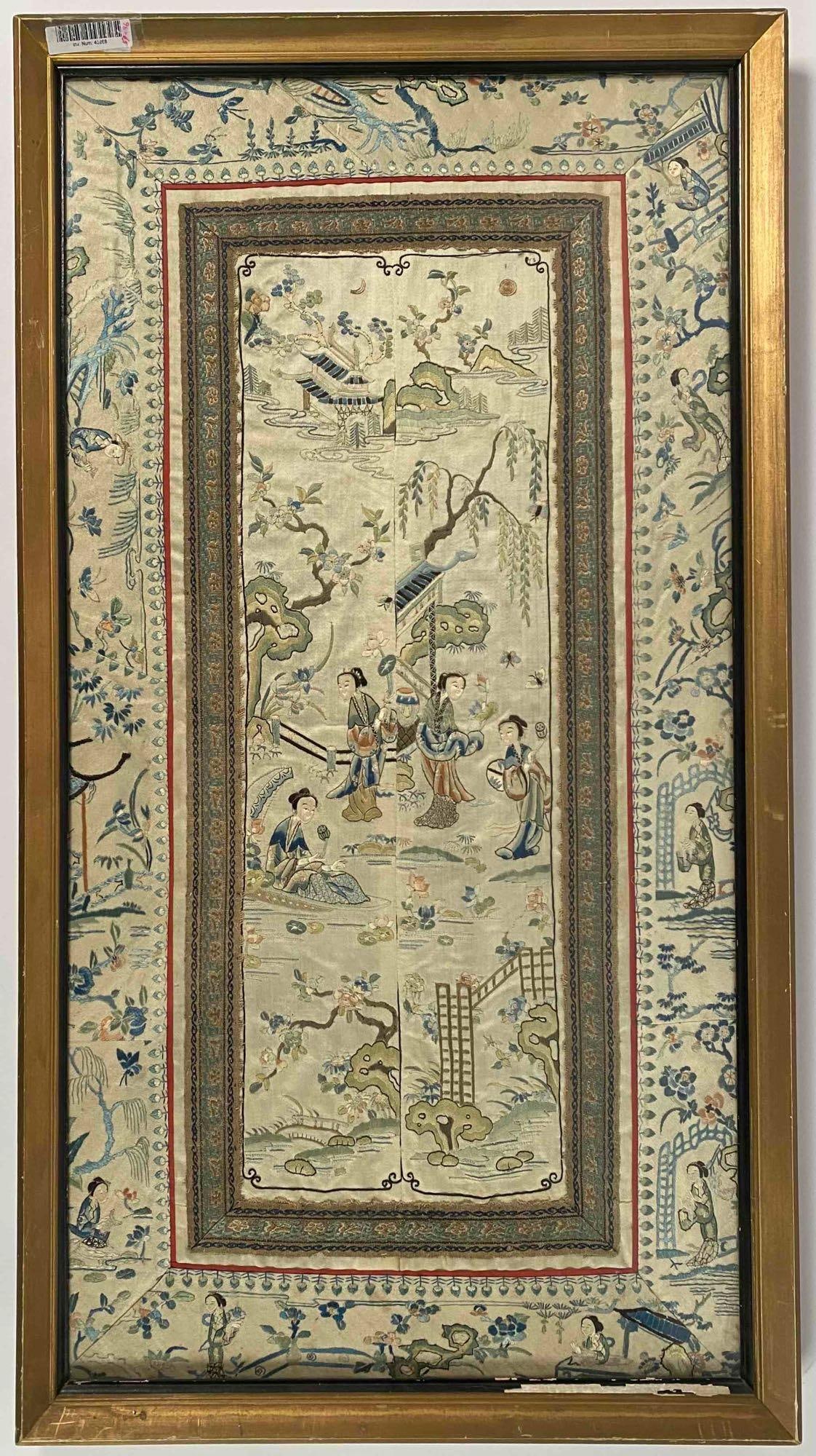 Chinese Embroidered Silk Textile in Gilt Frame: Chinese embroidered silk textile in gilt frame. Featuring intricate figural and landscape designs with vibrant colors and detailed craftsmanship. Housed in a gilt wooden frame. The textile is bordered