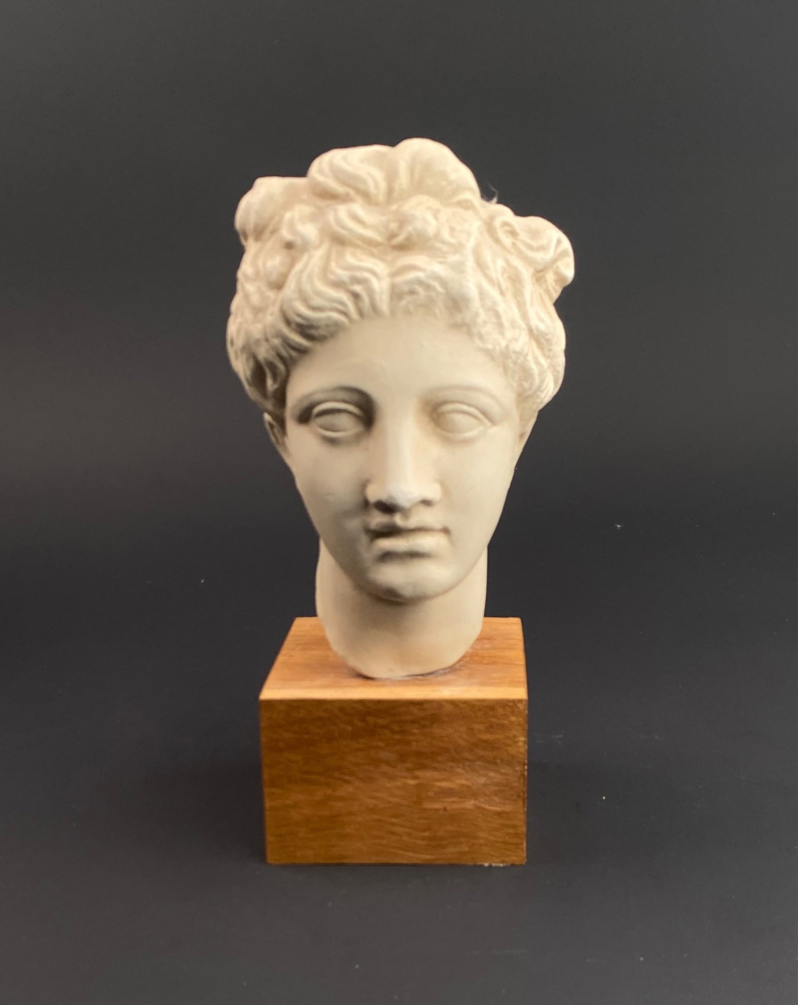 Museum-style Reproduction of Goddess Hygieia from Epidauros, Marble Head on Wooden Base: Museum-style reproduction of the head of the goddess Hygieia, originating from Epidauros (Peloponnese). This piece is a copy of an original from the 4th century B.C. The sculpture is mounted on a wood