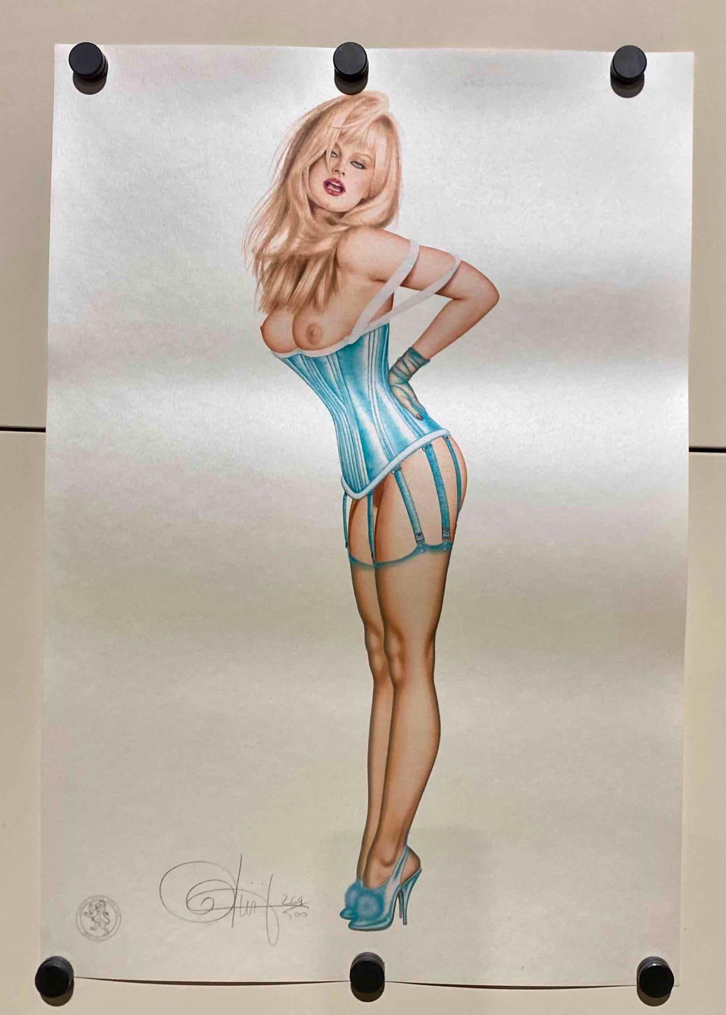 Limited Edition Olivia De Berardinis Signed and Stamped Print (269/500): Limited edition artwork depicting a blonde woman in a turquoise corset and matching high heels. The print is signed by the artist and is numbered 269 out of 500. It features an embossed seal by Robert