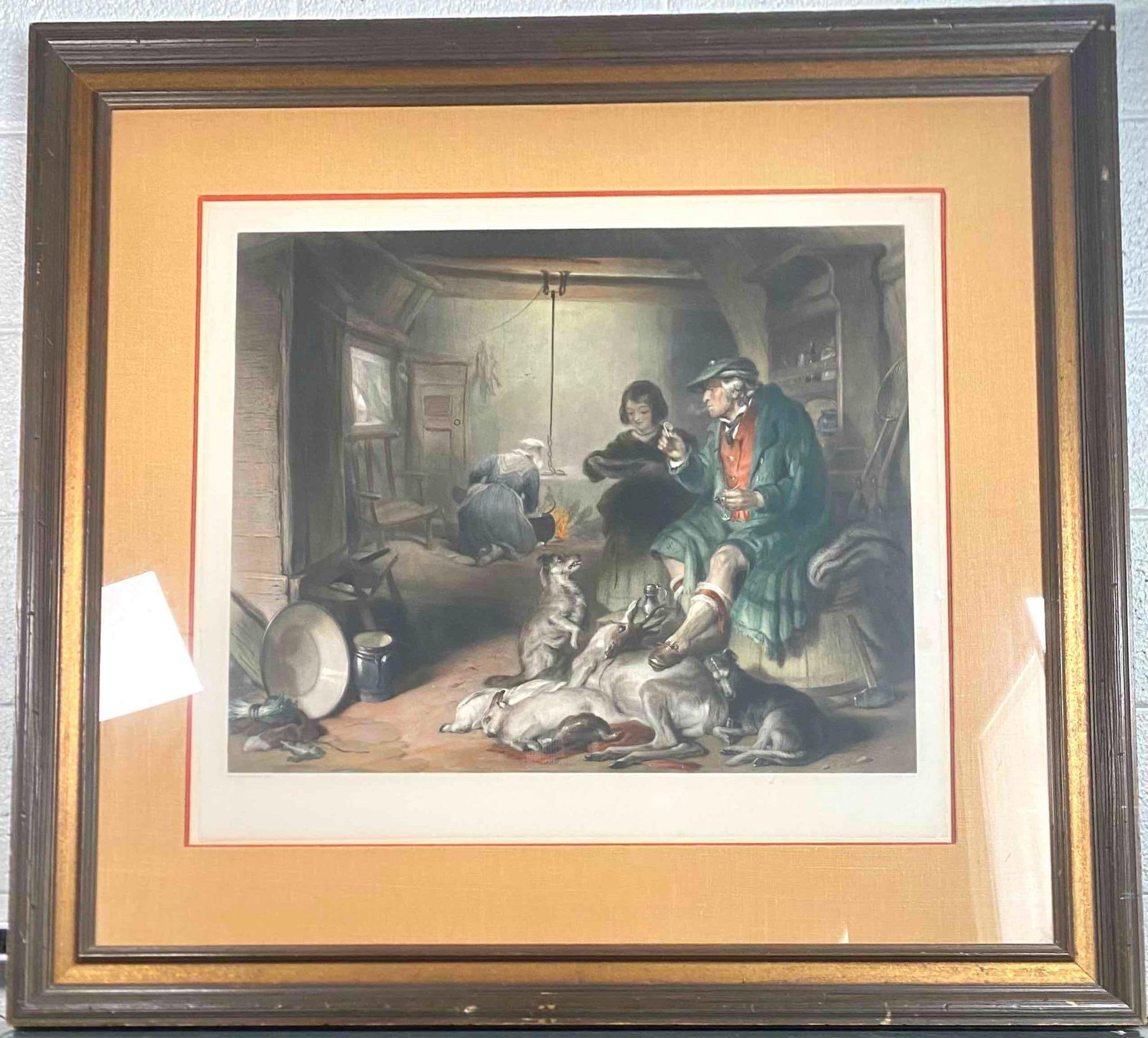 "Highland Cottage" Engraving (H.T. Ryall): Framed engraving titled ‘Highland Cottage,’ engraved by H.T. Ryall after Sir Edwin Henry Landseer. The original painting depicts detailed figures of a man and a child with animals in a rustic inte