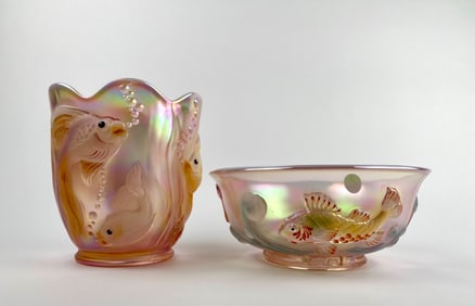 Fenton Atlantis Iridescent Glass Vase and Koi Fish Bowl (Signed)