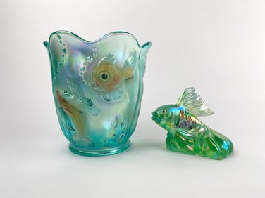 Fenton Art Glass Atlantis Koi Fish Vase and Fish Figurine (Signed)
