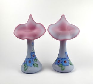 Fenton Hand-Painted Hibiscus on Blue Burmese Jack in the Pulpit Vases (Signed)
