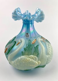 Fenton Hand-Painted Blue Satin Glass Vase with Swan and Lily? (Signed)