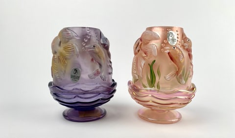 Two Fenton Atlantis Koi Fish Fairy Lamps (Signed, Pink Opalescent, Purple)