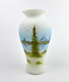 Fenton Hand-Painted White Opal Satin Scenic Mountain Vase (Signed)