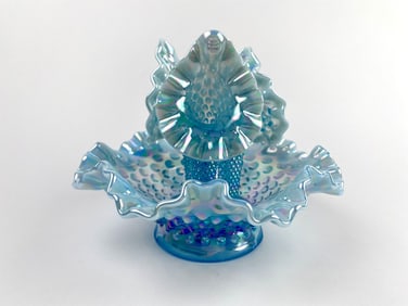 Fenton Blue Opalescent Hobnail Epergne Centerpiece