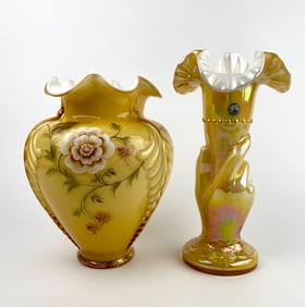 Fenton Hand-Painted Gold Overlay Feather Vase and Carnival Amber Glass Hand Ruffle Vase