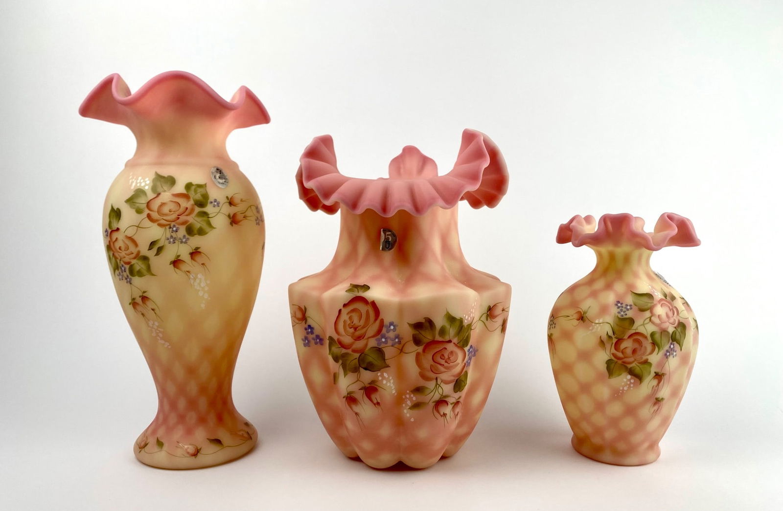 Set of 3?Burmese Fenton Vases (Diamond Optic, Uranium Glass) (1 of 12)