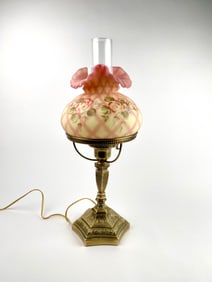 Fenton Hand-Painted Burmese Student Lamp (Signed, Uranium Glass)