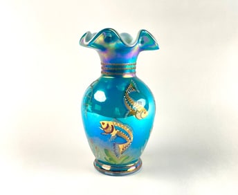 Fenton Handcrafted Designer Showcase Series Aqua Vase with Ocean Motif (Signed)