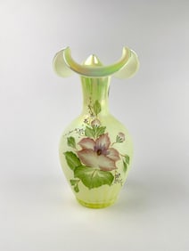 Fenton Art Glass Iridized Topaz Vaseline Satin Rib Optic Vase
