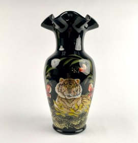 Signed Fenton Glass QVC Retired Black Tiger Safari Vase