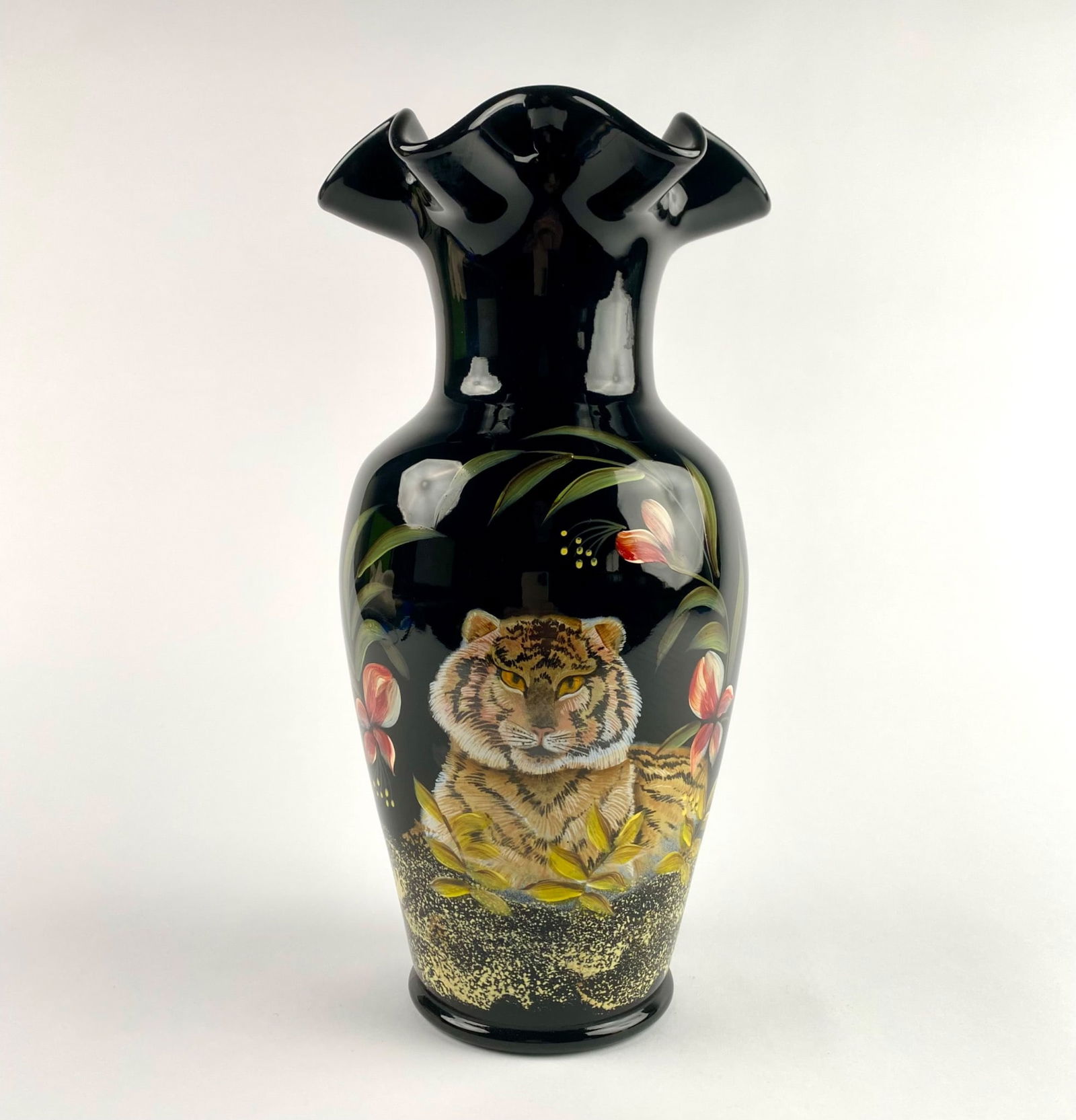 Signed Fenton Glass QVC Retired Black Tiger Safari Vase (1 of 9)
