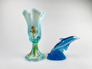 Fenton Carnival Glass Dolphin Figurine and Aquamarine Stretch Underwater Dream Vase