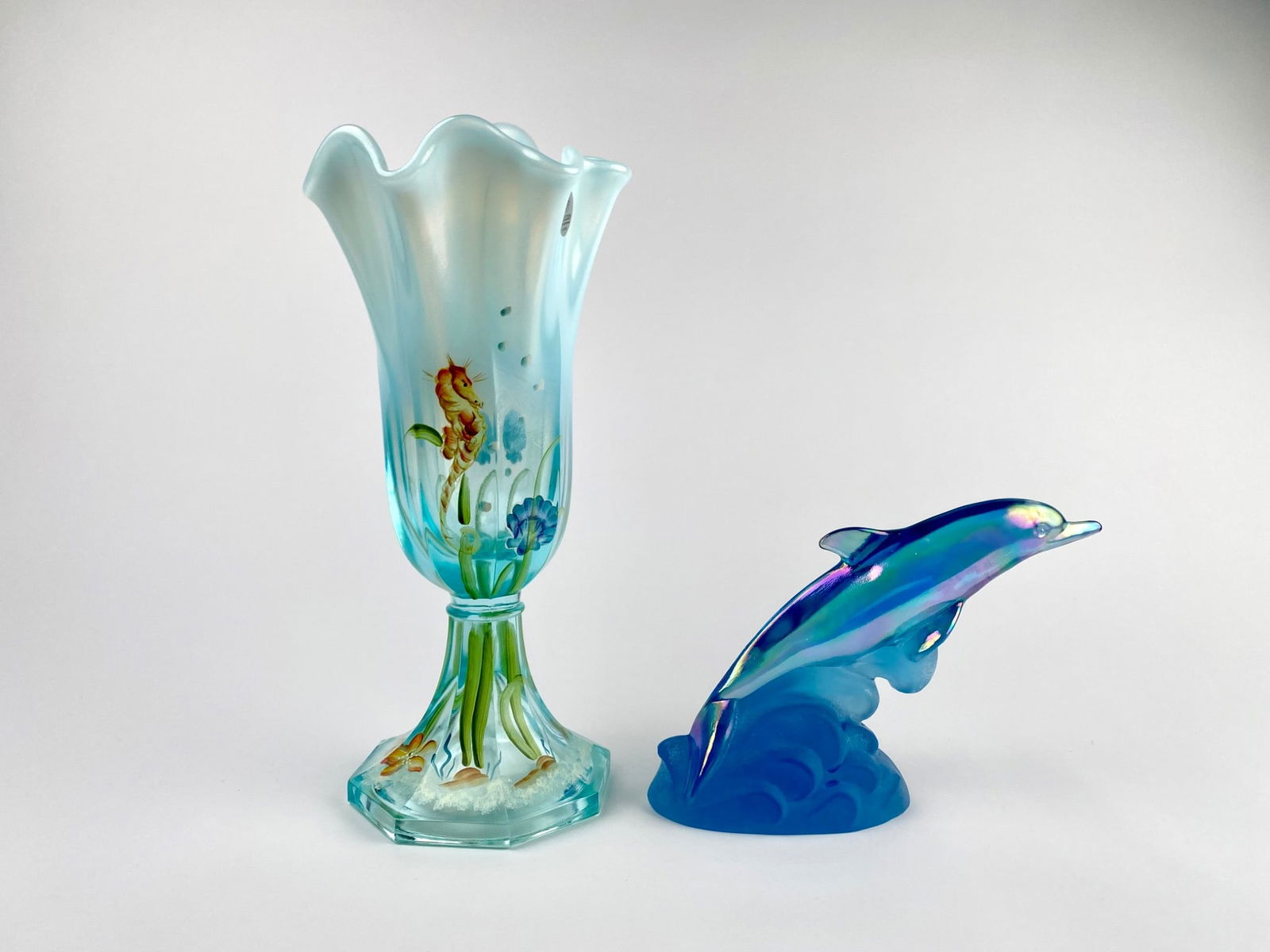 Fenton Carnival Glass Dolphin Figurine and Aquamarine Stretch Underwater Dream Vase (1 of 12)